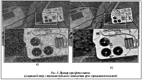 Подпись:   а)																	б)Рис. 3. Пример аэрофотосъемки: а) шумовой кадр с наличием большого количества ярко окрашенных пикселей;б) качественный кадр